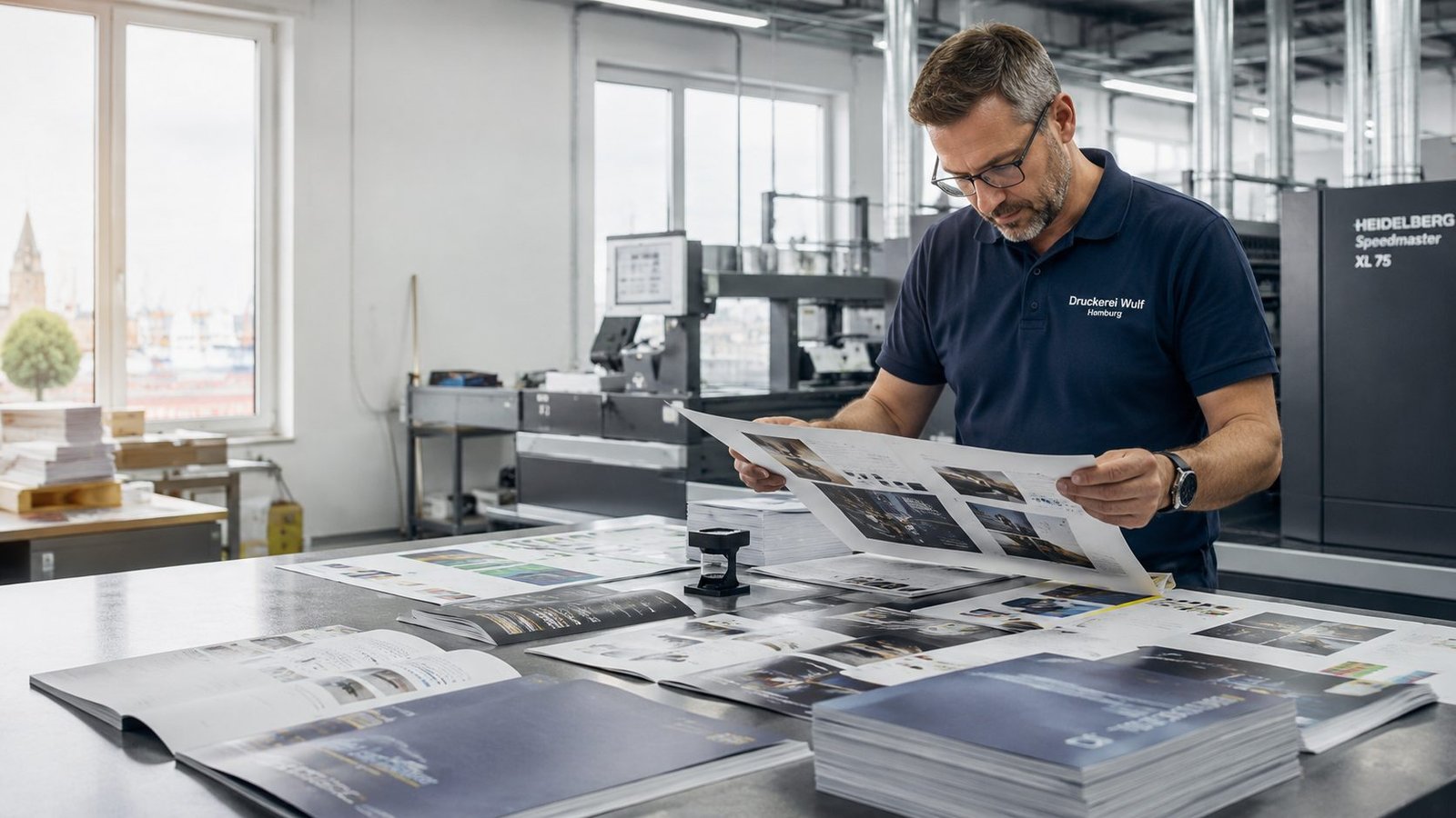 Andruck- und Qualitätskontrolle eines Druckbogens – Druckerei Wulf, Hamburg